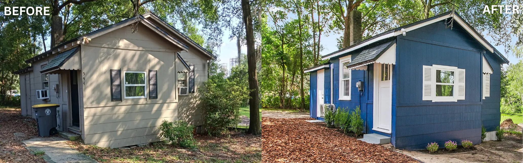 Before and after home renovation by cash home buyers in Jacksonville showing property transformation