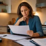 Concerned homeowner reviewing financial documents and bills at a kitchen table