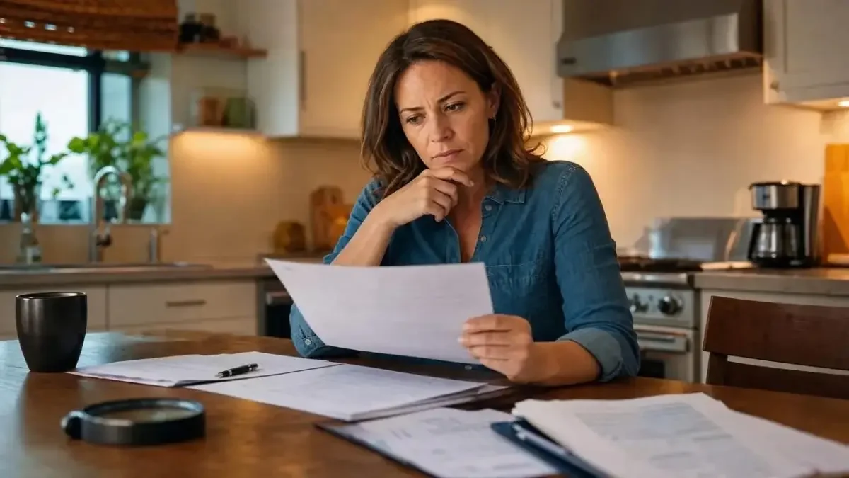 Concerned homeowner reviewing financial documents and bills at a kitchen table