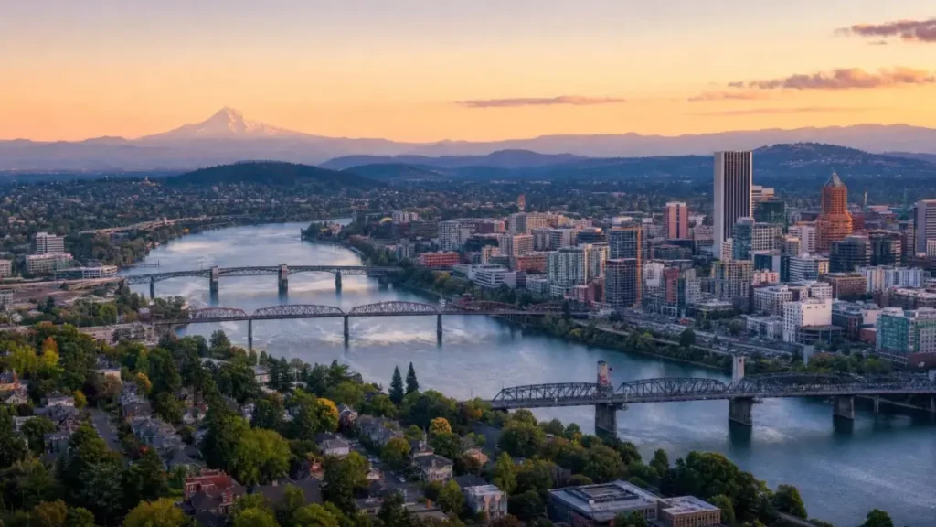 Aerial view of downtown Portland, Oregon skyline and Willamette River during the Q1 2026 housing market update