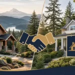 Cash home buyer vs. realtor in Oregon with homes, cash offer, handshake, and real estate sign