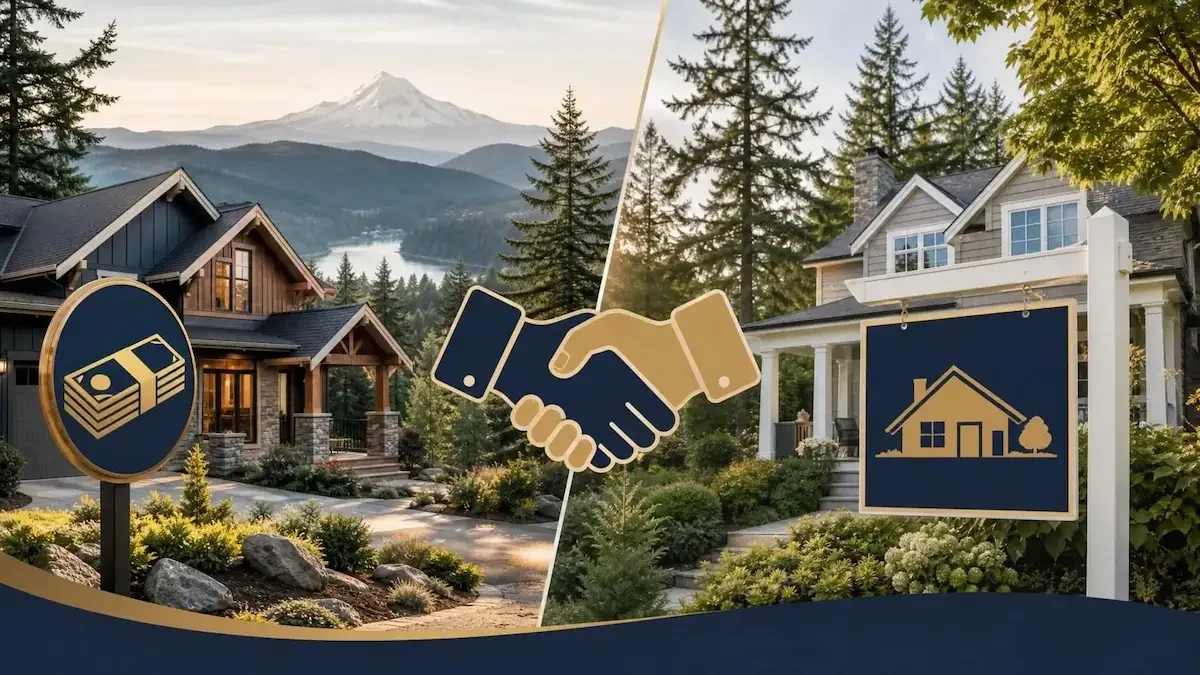 Cash home buyer vs. realtor in Oregon with homes, cash offer, handshake, and real estate sign