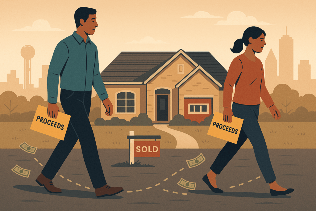 Divorcing couple walking away from sold house with proceeds, symbolizing financial separation after a home sale in Texas