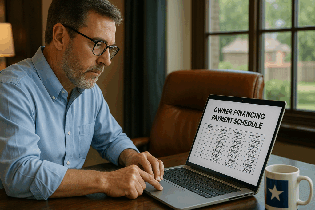 Seller reviewing owner financing payment schedule on a laptop in a Texas home office