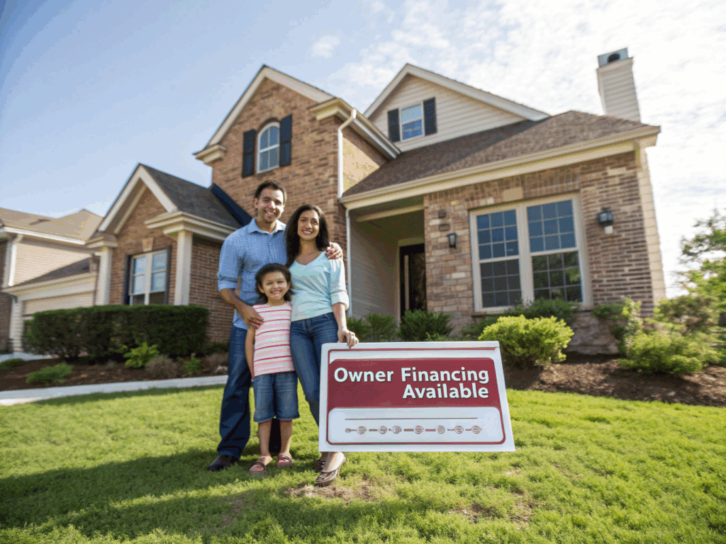 Family in front of a Texas home purchased with owner financing and yard sign that says “Owner Financing Available”