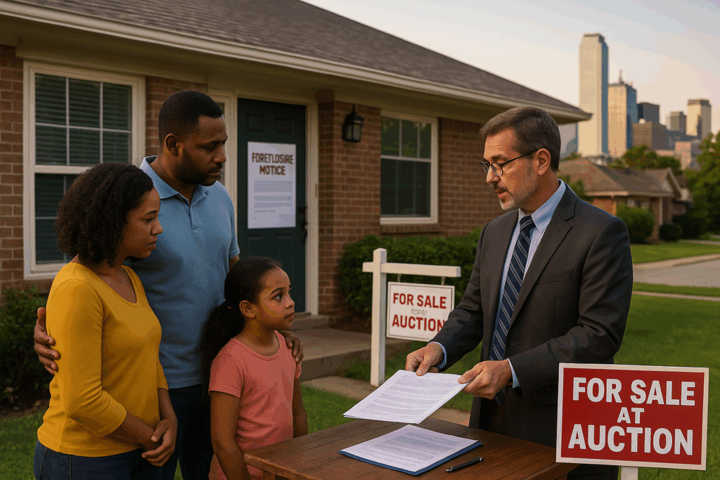 Dallas Fort Worth family consulting with a real estate attorney about how to get your house back after foreclosure, standing in front of a home with a foreclosure notice and auction sign.