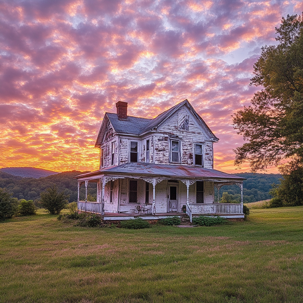 A charming West Virginia home in a peaceful rural setting, surrounded by green hills and trees, showing signs of wear with peeling paint and an overgrown yard, set against a vibrant sunset sky symbolizing the need to sell before the property declines further.