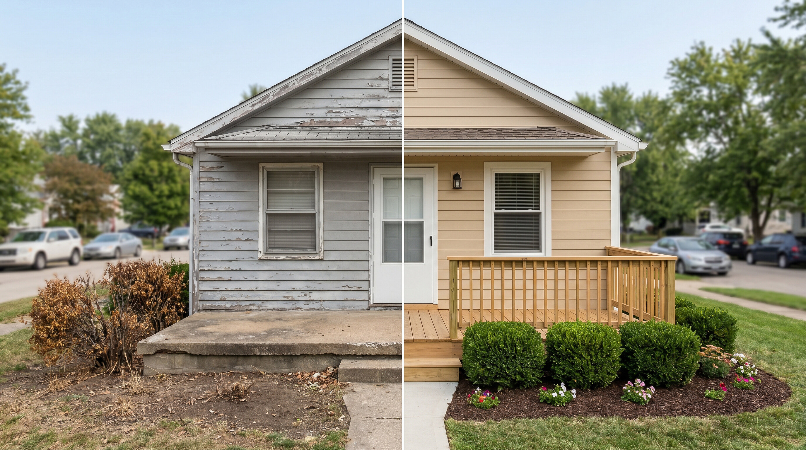 This image shows a before and after a home's front facade, illustrating how much impact new landscaping can have.