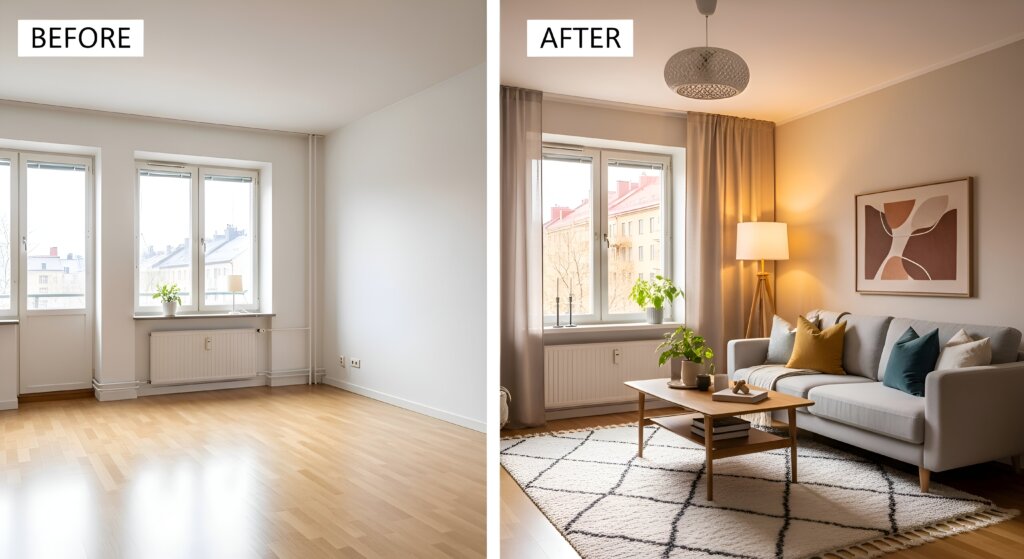 This image displays a living room before and after staging furniture has been added.