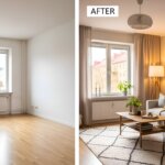 This image displays a living room before and after staging furniture has been added to illustrate the value of home staging.