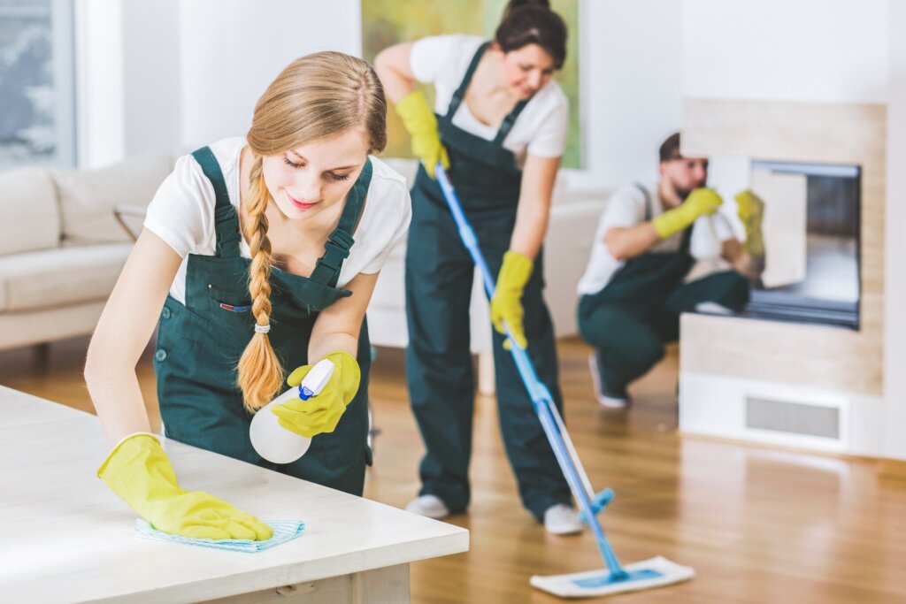 This image shows a small cleaning crew cleaning a living room.