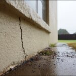 This image displays a vertical crack in a home's exterior siding material.
