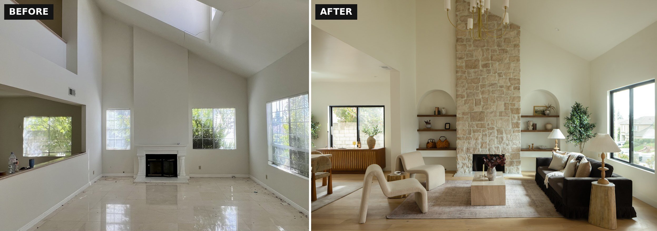 Before and after: living room with stone fireplace renovation in West Hills by Abe The Home Buyer
