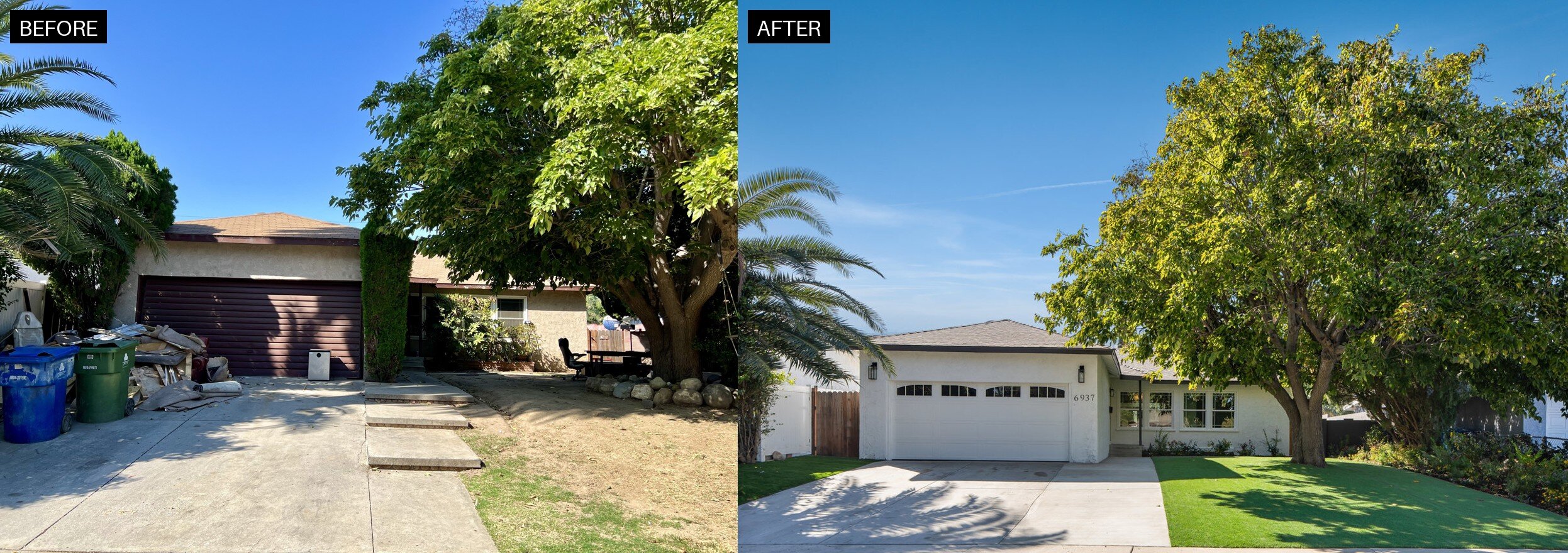 Before and after front exterior at 6937 Cozycroft Ave in Winnetka, renovated by Abe The Home Buyer