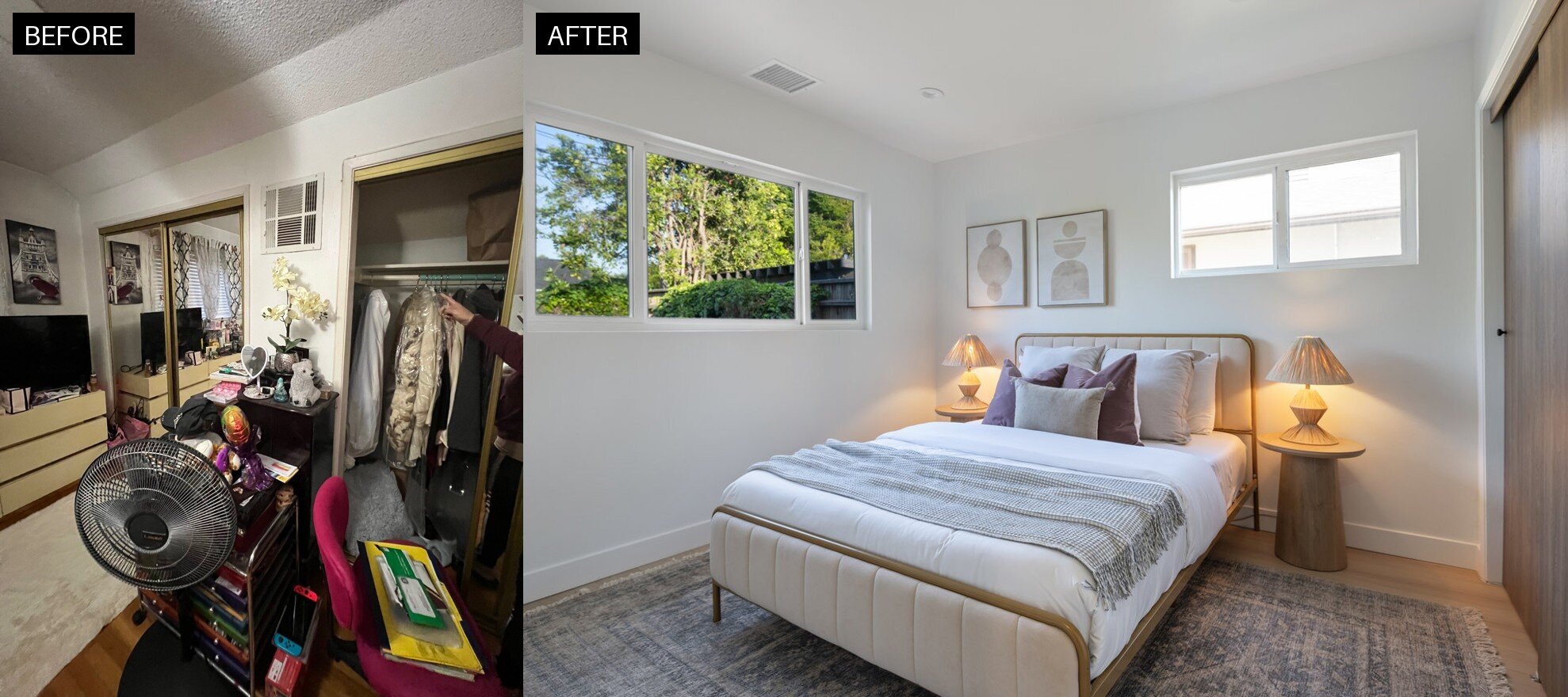 Before and after bedroom at 6460 Penfield Ave in Woodland Hills, renovated by Abe The Home Buyer
