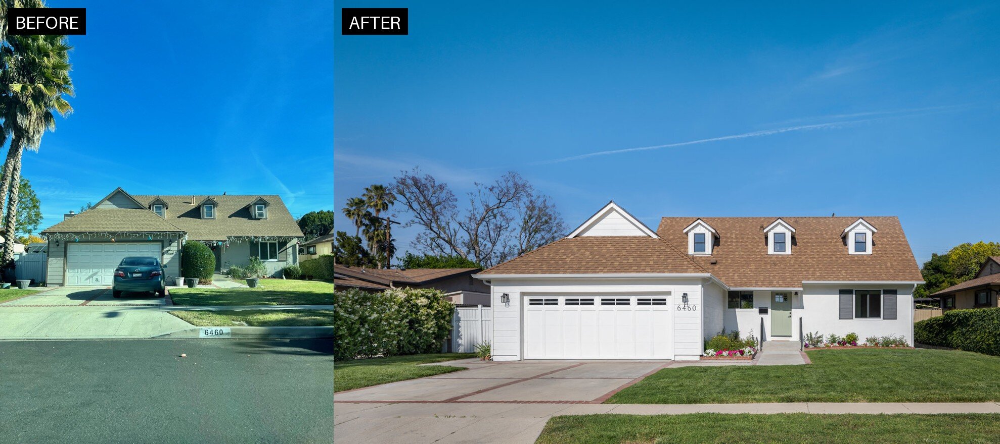 Before and after front exterior at 6460 Penfield Ave in Woodland Hills, renovated by Abe The Home Buyer