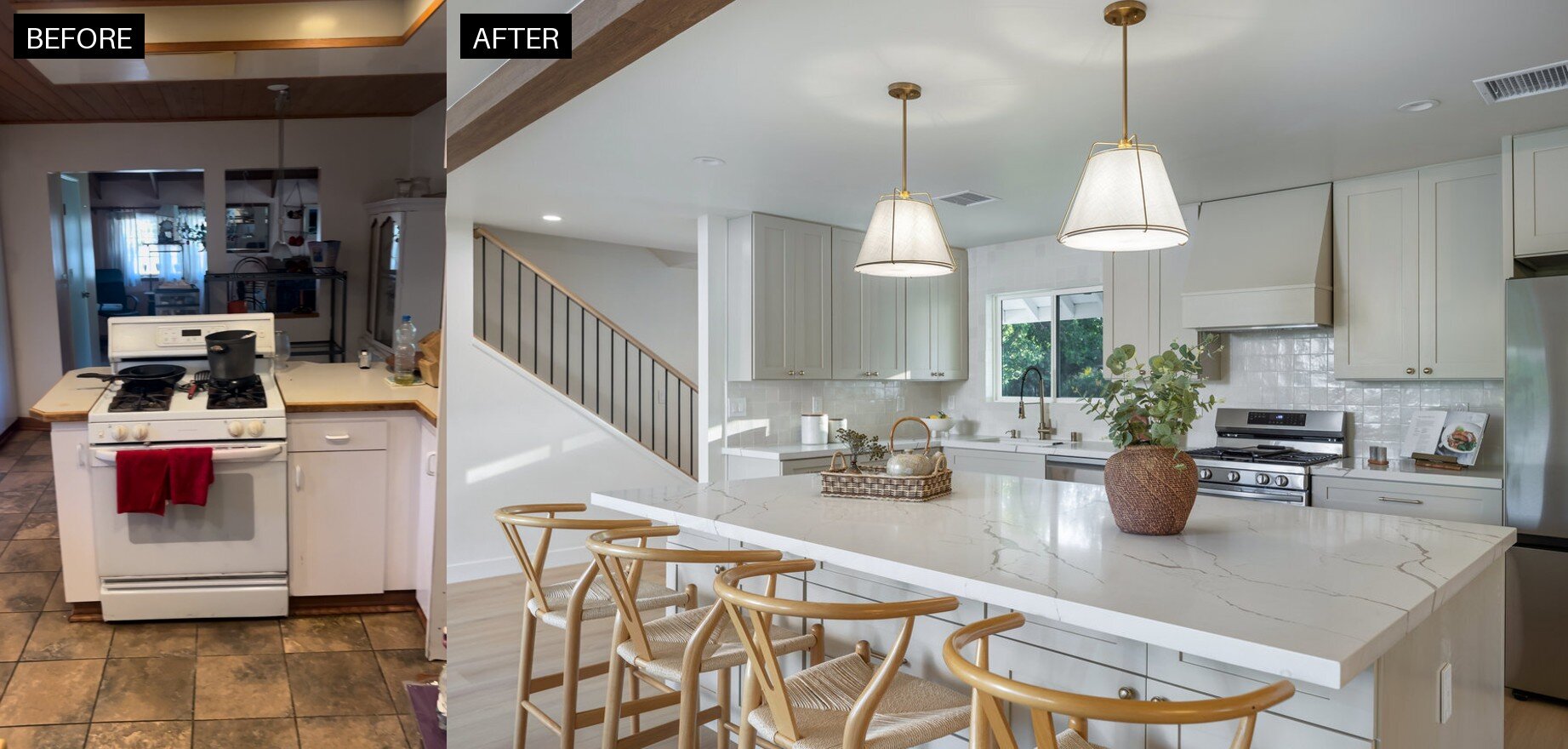 Before and after kitchen at 6460 Penfield Ave in Woodland Hills, renovated by Abe The Home Buyer