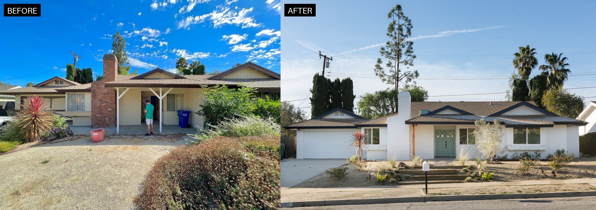 Before and after front exterior at 282 Teasdale St in Thousand Oaks, renovated by Abe The Home Buyer