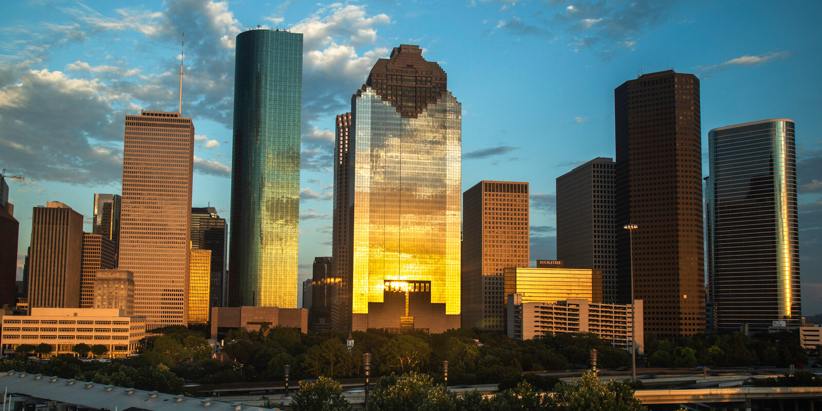 Houston city skyline at sundown