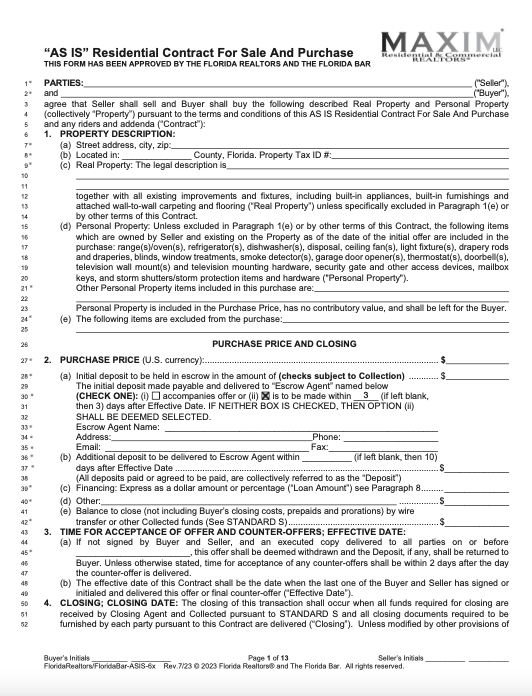 Florida Real Estate Contract page 1