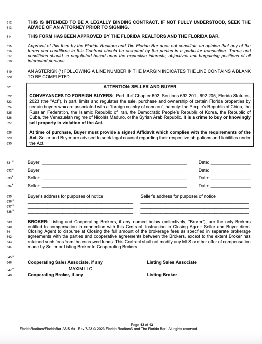 Florida Real Estate Contract page 13