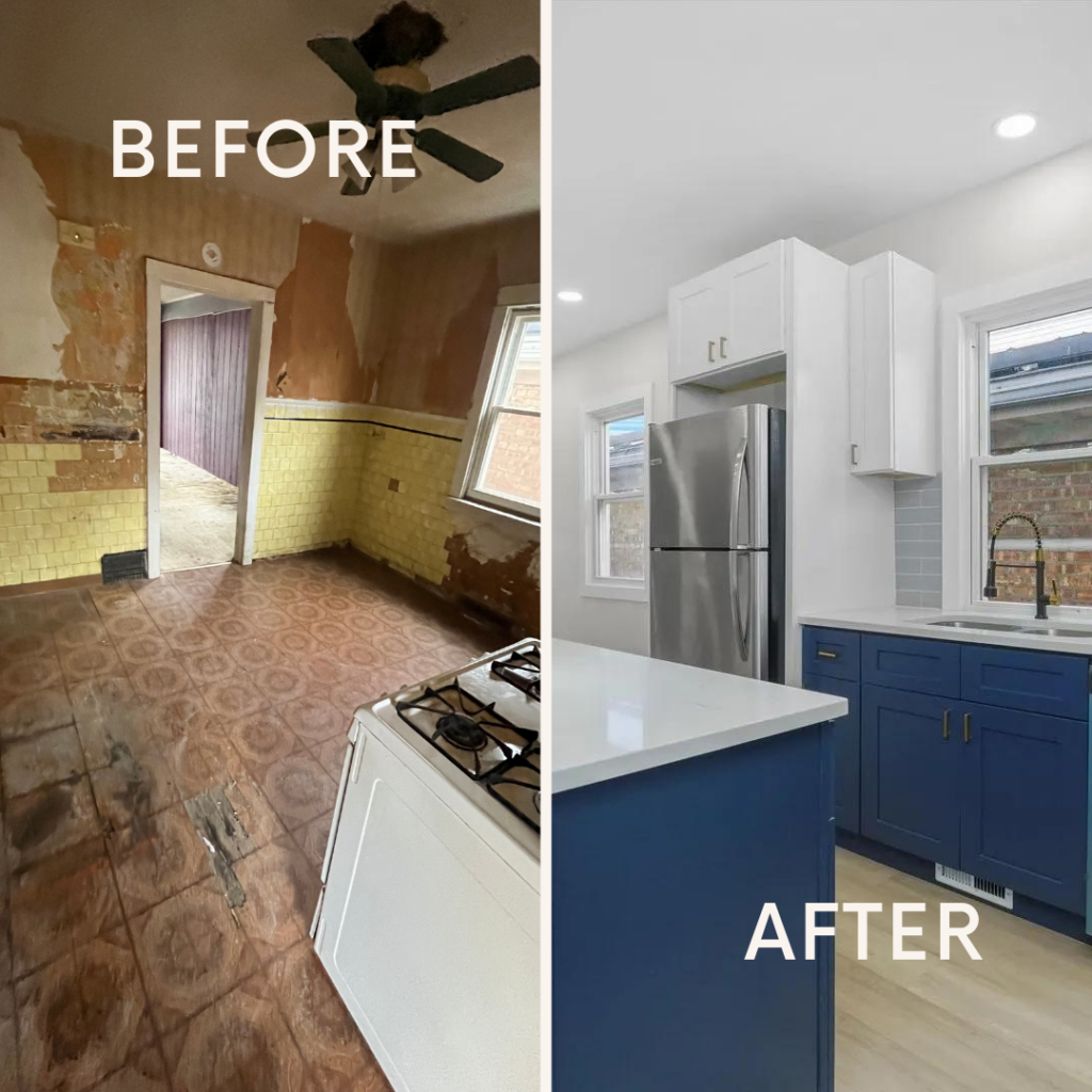 Before and after home renovation by Elite Home Buyers in Crystal Lake, IL, showcasing a transformed kitchen from outdated to modern.