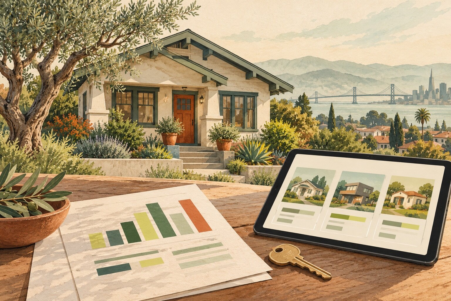 Editorial illustration of a Bay Area bungalow, house key and property comparison tablet