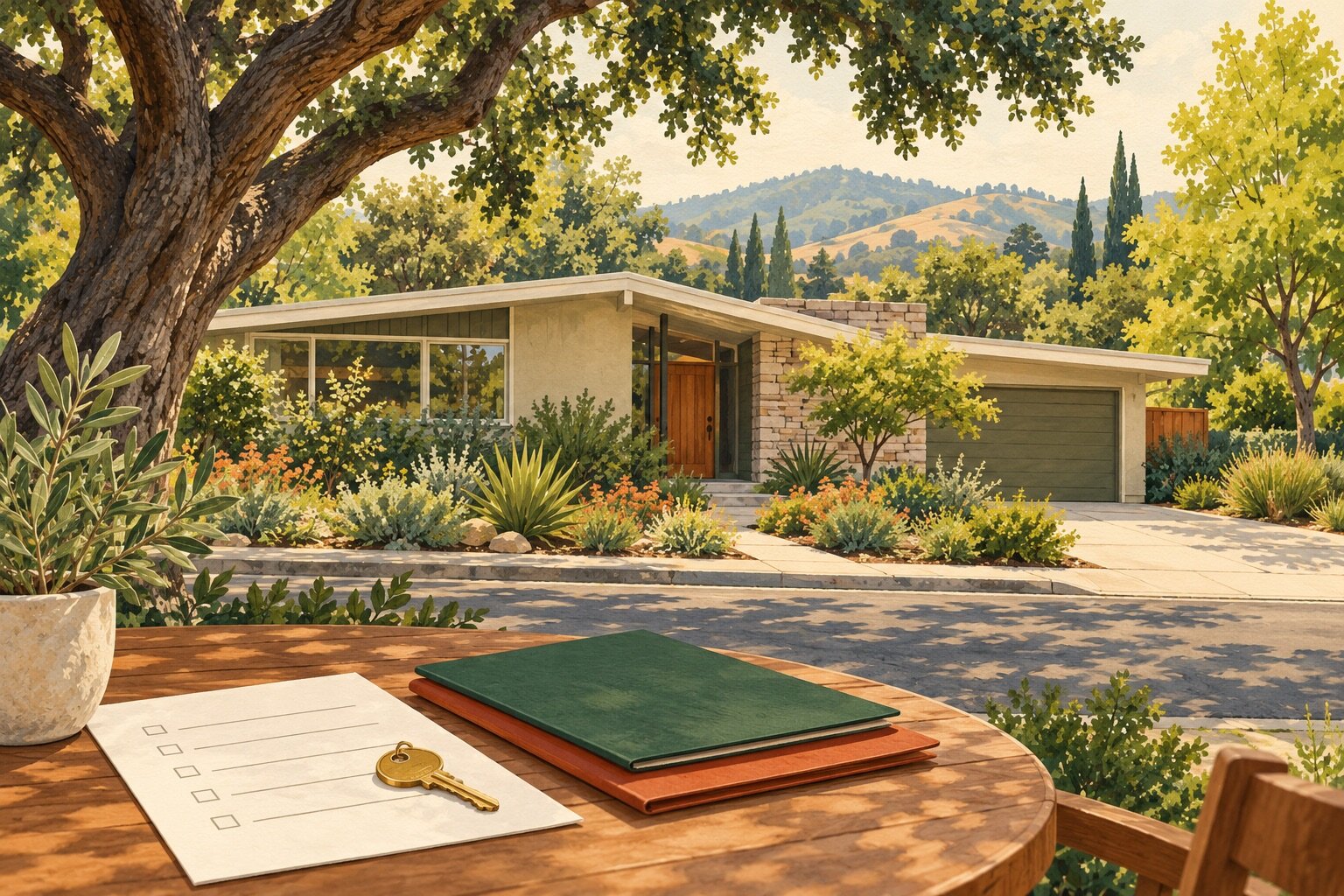 Editorial illustration of a leafy Palo Alto-style home with keys and a seller checklist