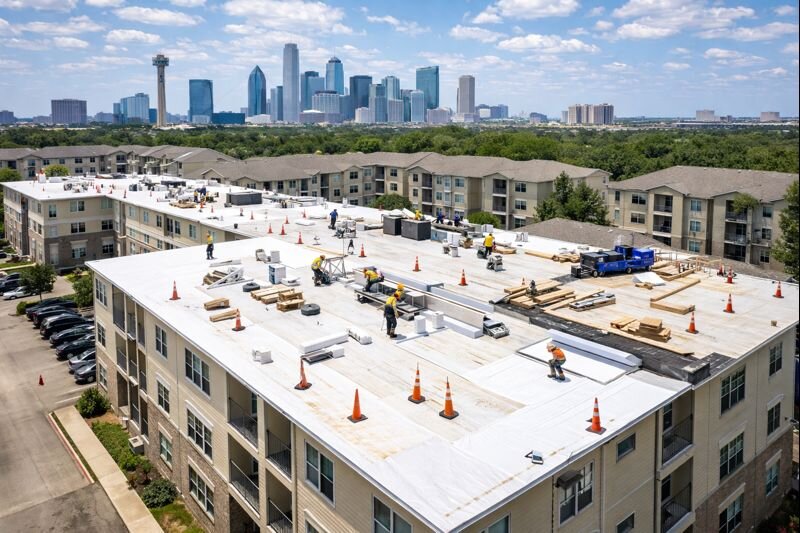 Commercial roofing installation on a multifamily apartment building