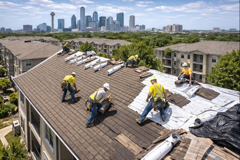 Roof replacement work underway at a multifamily apartment complex