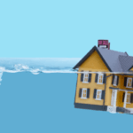 A house model with for-sale sign floating on water