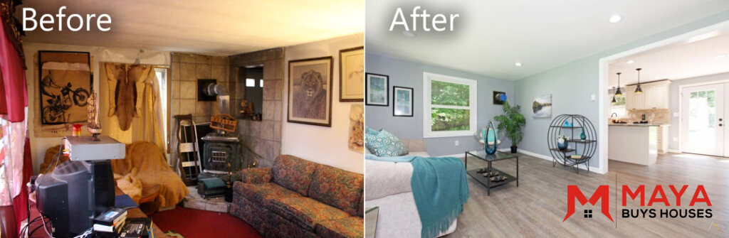 Before and After photos of a livingroom. One photo is of the old cluttered stuffy room. The other is the renovated room that looks a larger, cleaner and attractive open space.