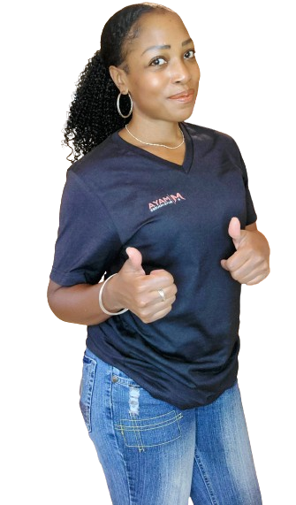 An african american woman, employee waering a Maya Buys Houses t-shirt and blue jeans smiling and giving two thumbs up in approval of the excellent service.