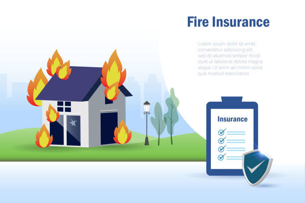 Fire insurance, home insurance protection. Burning house on fire with fire insurance policy for protection from disaster and fire. Idea for home and property insurance.