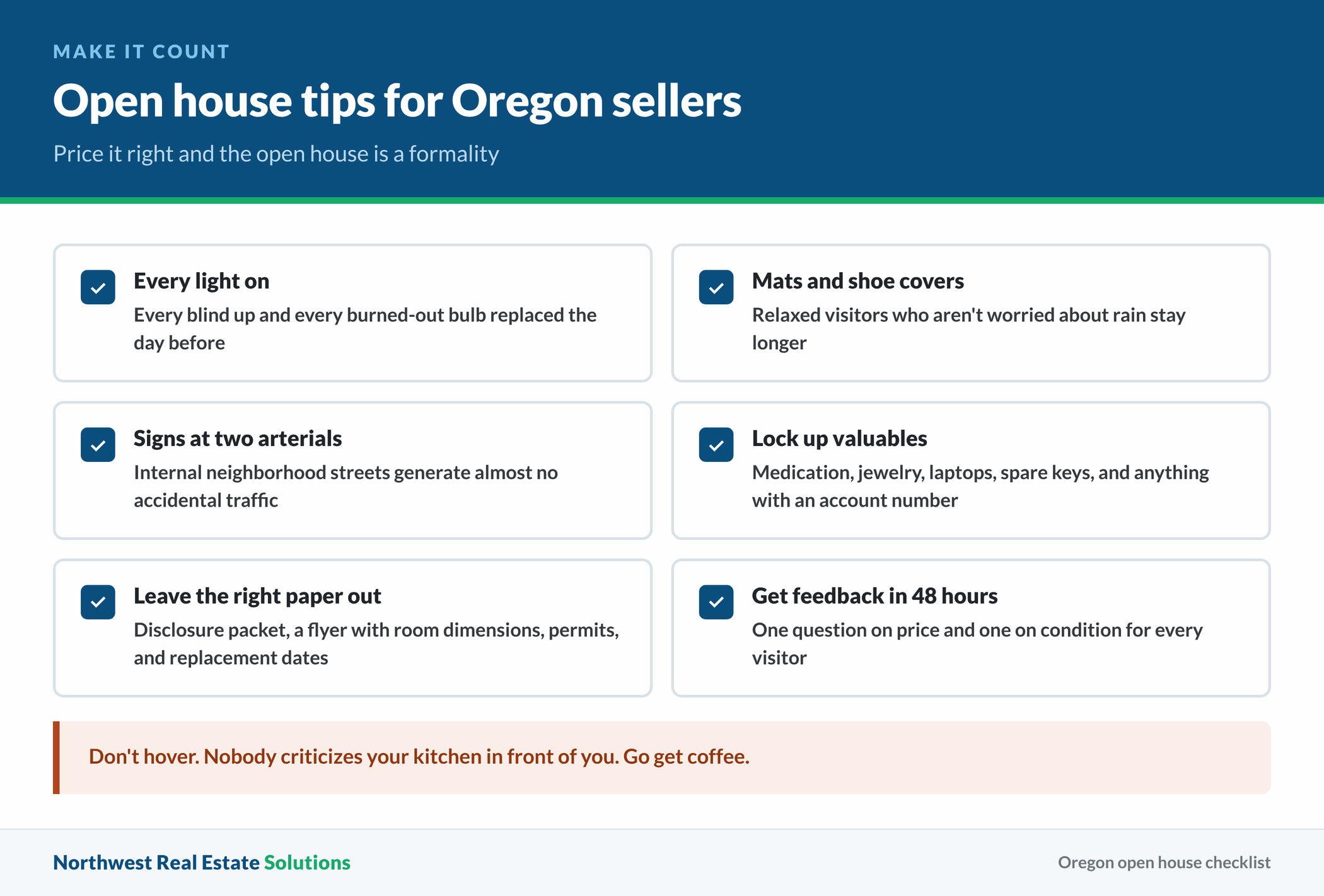 Checklist of open house tips for Oregon sellers, from lighting to collecting feedback