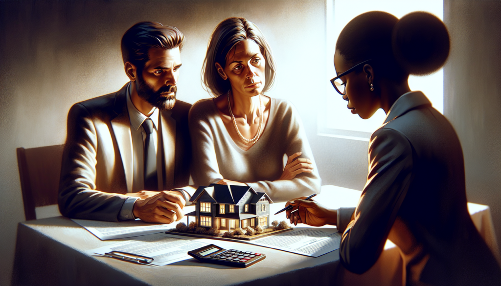 An illustration of a couple discussing the value of their marital home post-divorce.