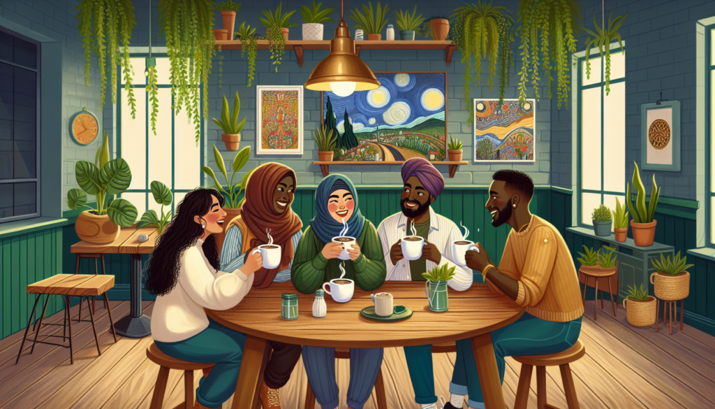 An illustration of friends enjoying coffee at the Community Matters Cafe in Charlotte.