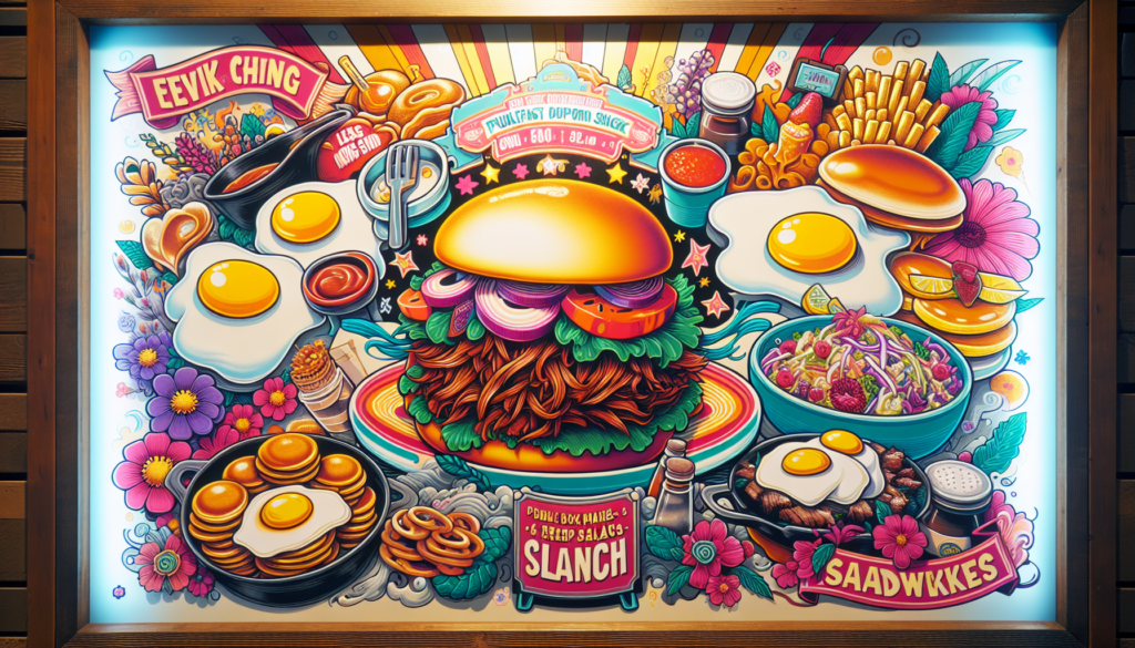 An illustrated menu showcasing delicious breakfast and lunch items, including pulled pork.