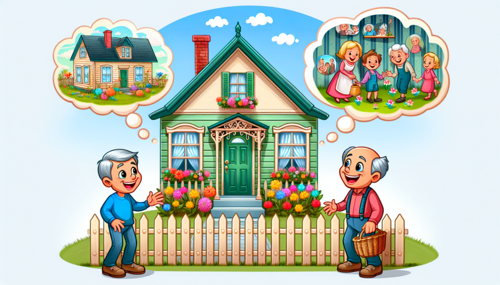An illustration of neighbors chatting in front of a house, discussing past residents and deaths.