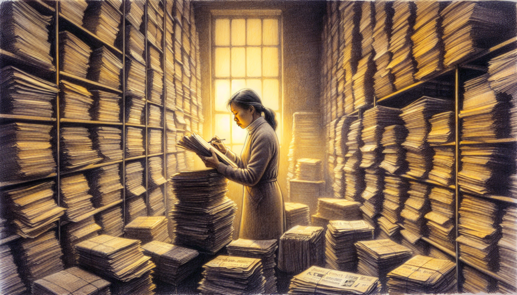 An illustration of a person exploring old newspaper archives to find death notices and historical information.