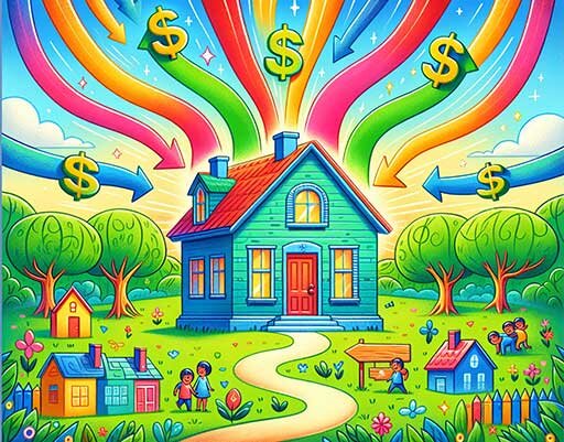 An illustration representing the distribution of sale proceeds from a house sold in a trust.