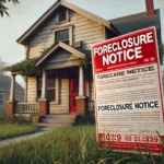 Foreclosed house in North Carolina with overgrown lawn and "Notice of Foreclosure" sign, representing urgent home sale opportunity before auction.