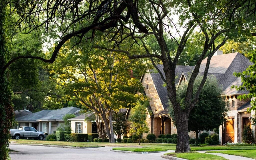 Houston Texas residential neighborhood with brick homes and tree-lined streets