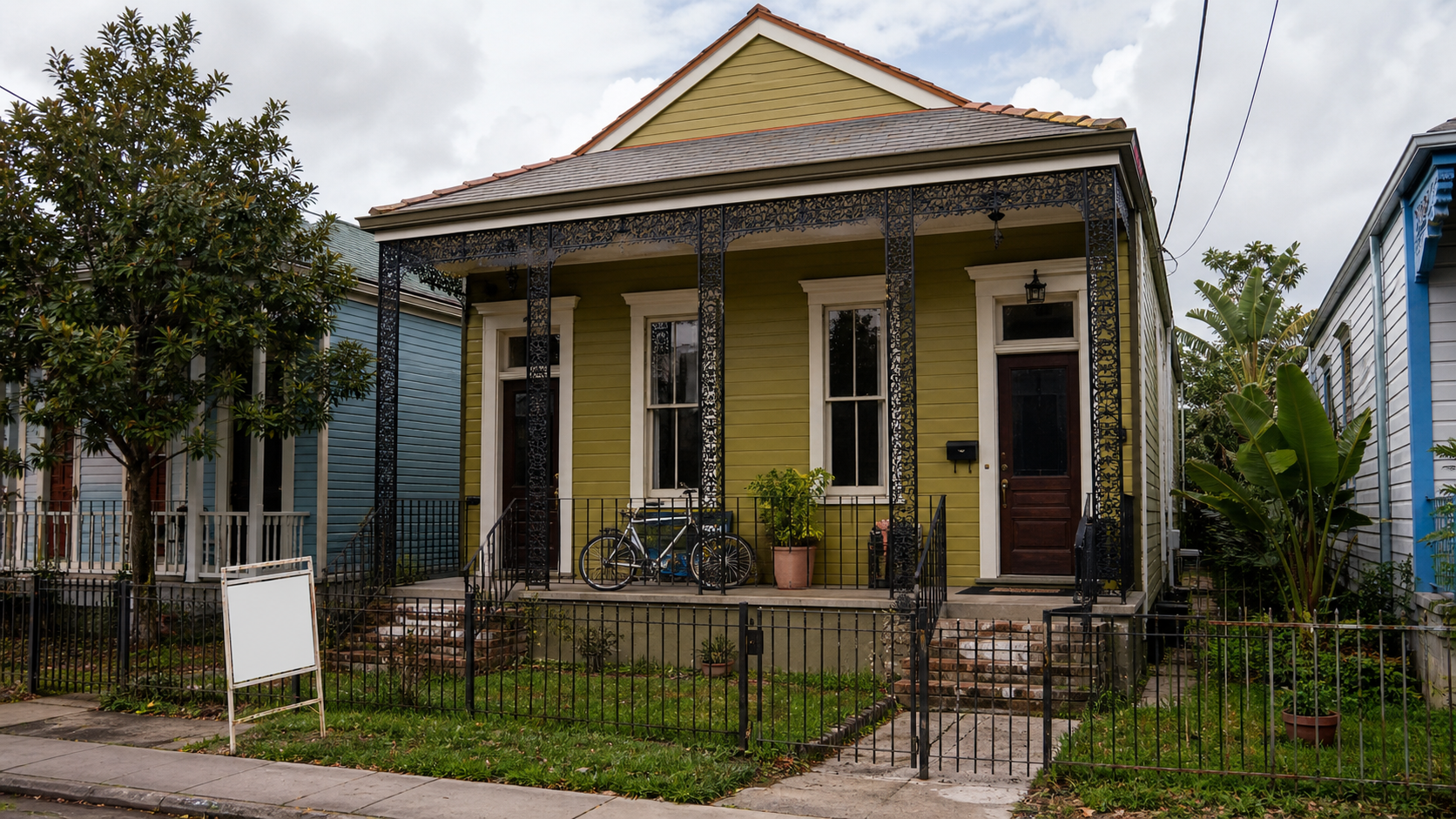 A modest New Orleans double-shotgun rental home with a For Sale sign in the yard, tenant belongings visible on the porch