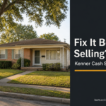 Kenner Louisiana single-story ranch home with an oak tree in the front yard, next to a charcoal panel reading Fix It Before Selling? Kenner Cash Sale Q&A.