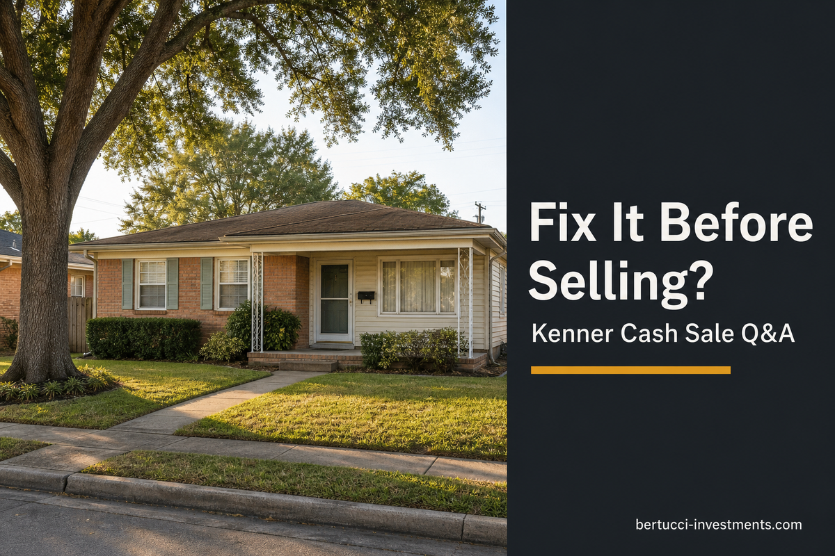 Kenner Louisiana single-story ranch home with an oak tree in the front yard, next to a charcoal panel reading Fix It Before Selling? Kenner Cash Sale Q&A.