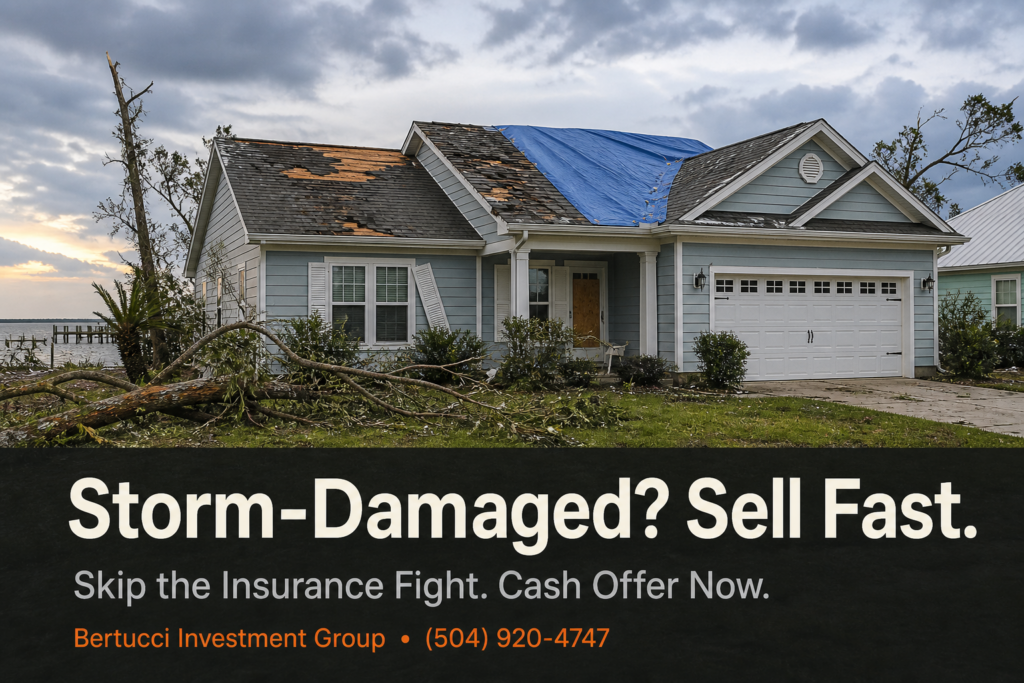 Storm-Damaged? Sell Fast. A house with a tarped roof and fallen branches, the kind of Baldwin County house we buy as-is