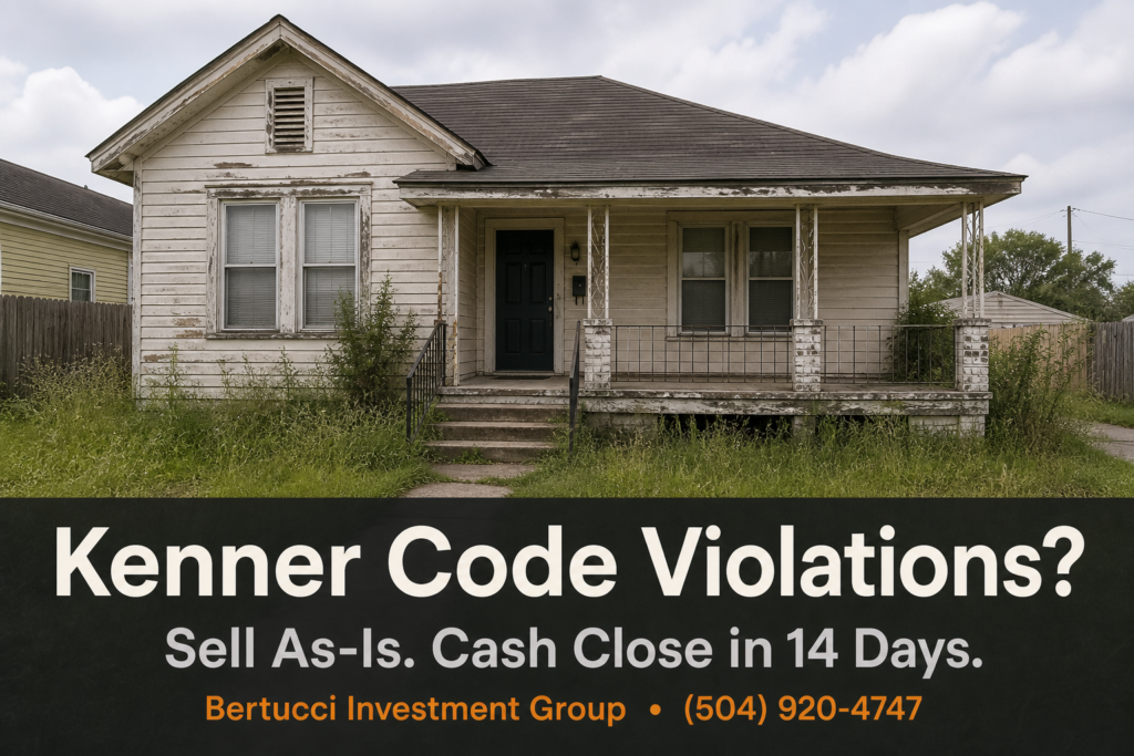 Kenner Code Violations? Sell As-Is. An older Kenner house with peeling paint and an overgrown yard