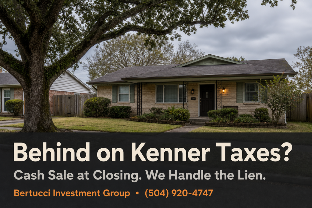 Behind on Kenner Taxes? A brick Kenner house with a large oak tree in the front yard