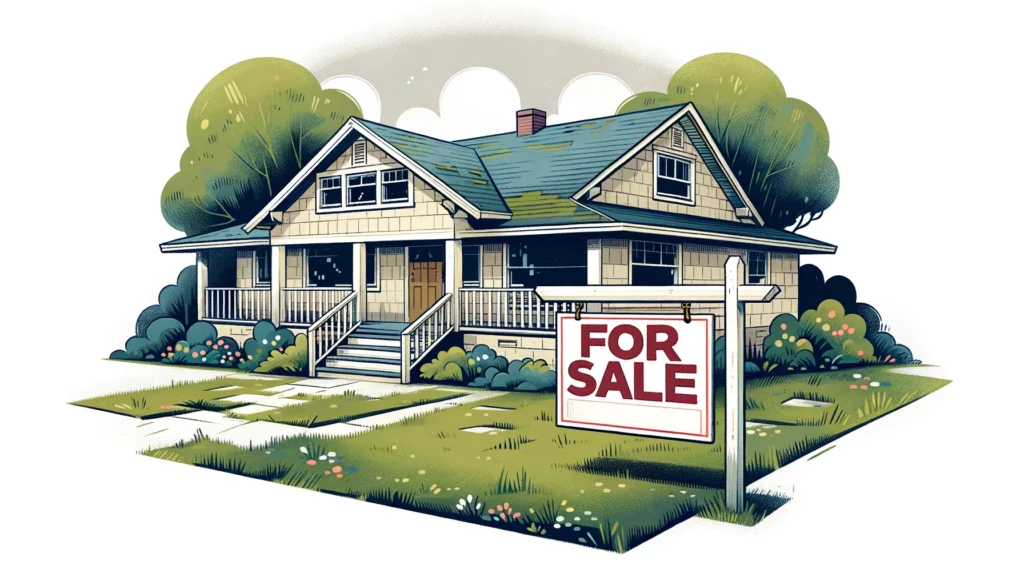 A ranch style house with a for sale sign out front.